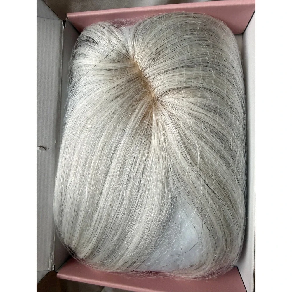 White Human Hair Topper with Bangs & Silk Base, Lace Clip - 10